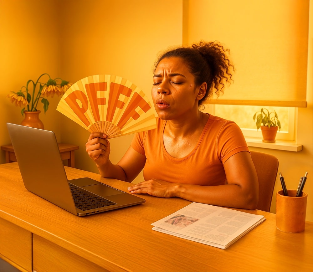 Vrouw aan een bureau achter de laptop. Ze heeft het warm en houdt een waaier in haar hand met daarop PFFF. 